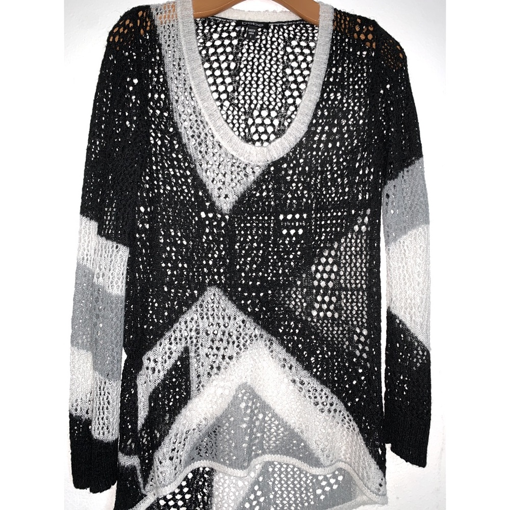 Bebe Soft Net Knit Black White Grey Sequins Sweater Size S
